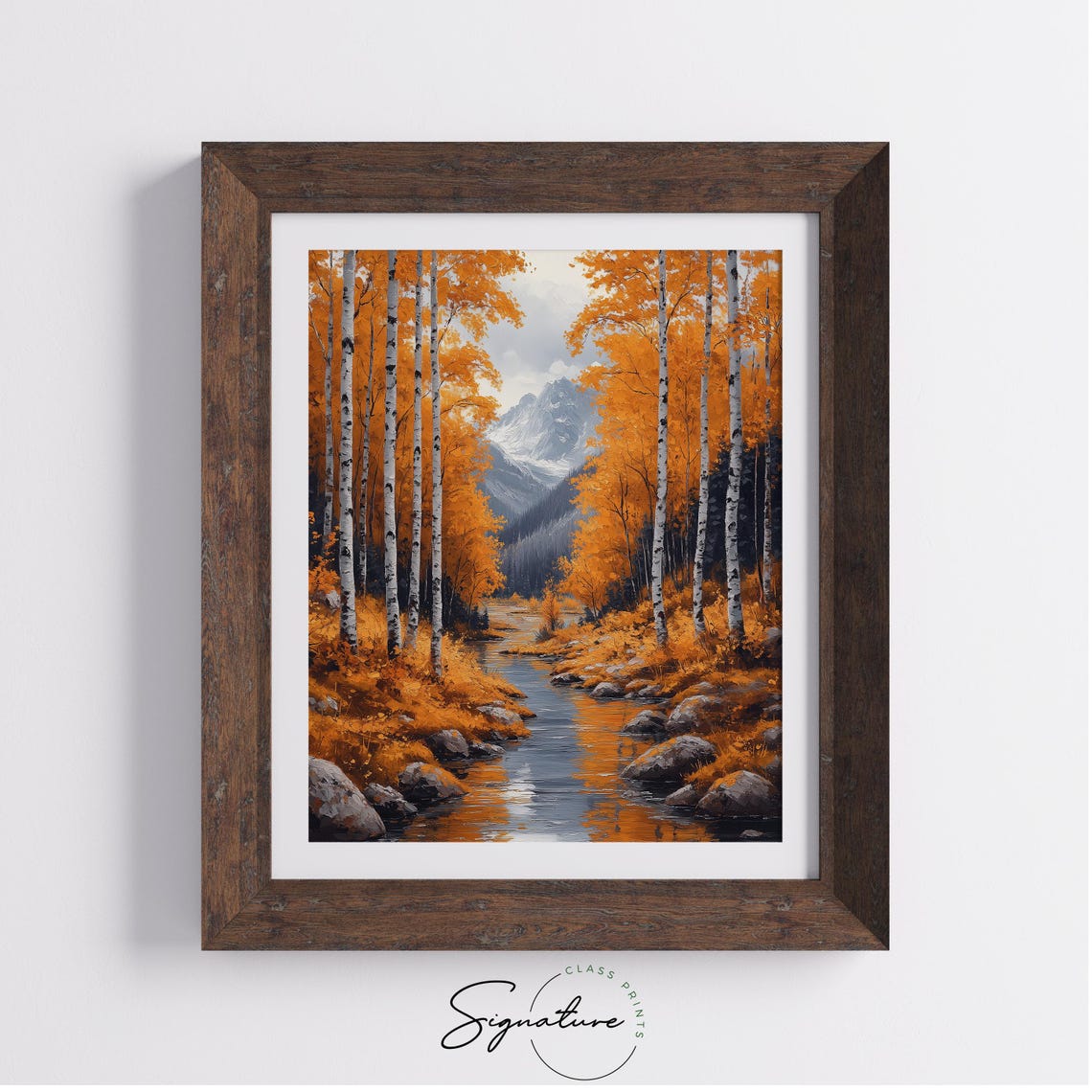 Autumn Birch Grove Stream Snowy Peaks Orange Reflections Poster - Image 4