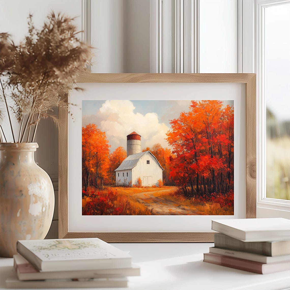 White Barn Silo Autumn Forest Fall Colors Oil Painting Poster - Image 2