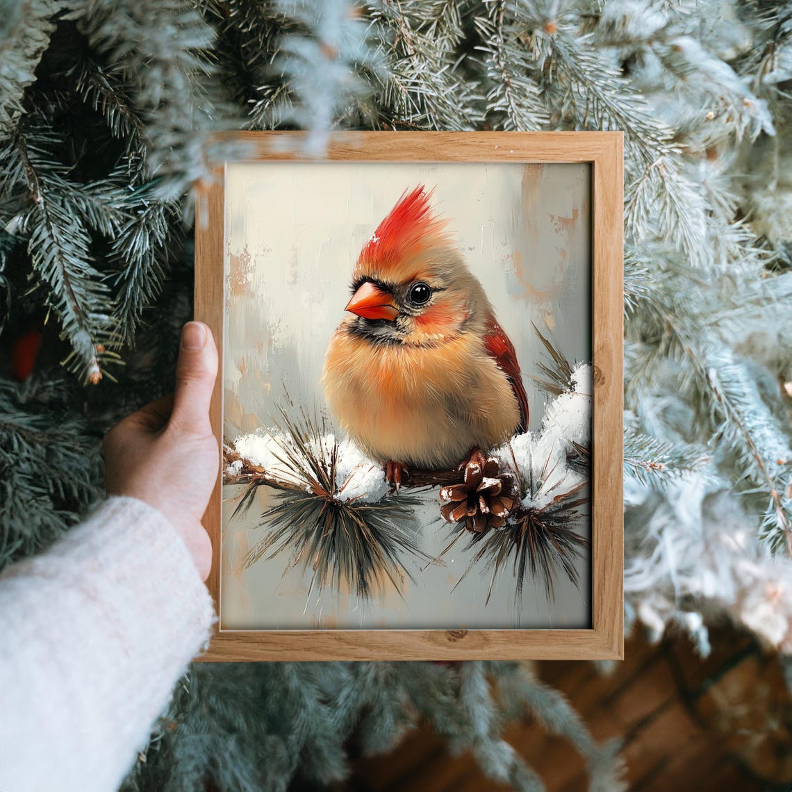 Female Cardinal Snowy Pine Branch Pinecone Winter Bird Painting Poster - Image 6