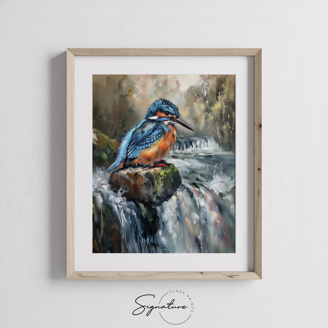 Kingfisher Perched By Waterfall Vivid Blue Bird Painting Poster - Image 3