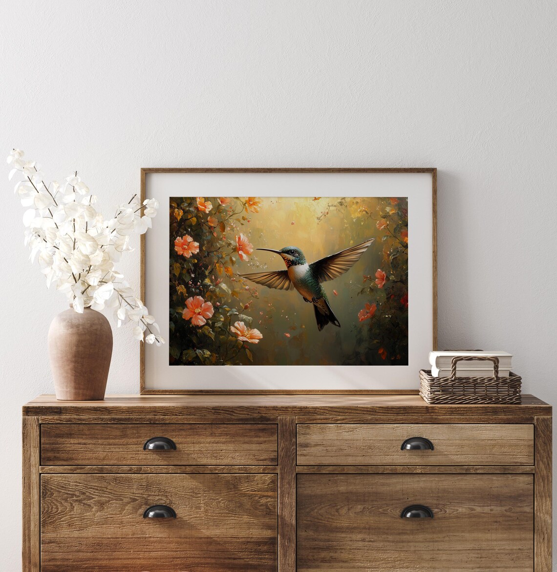 Vibrant Hummingbird Amid Blooming Garden Golden Bird Wall Art - Image 2