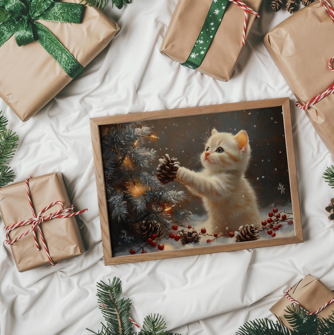 Cream Kitten Playing With A Pinecone Among Berries And Snow Poster - Image 2