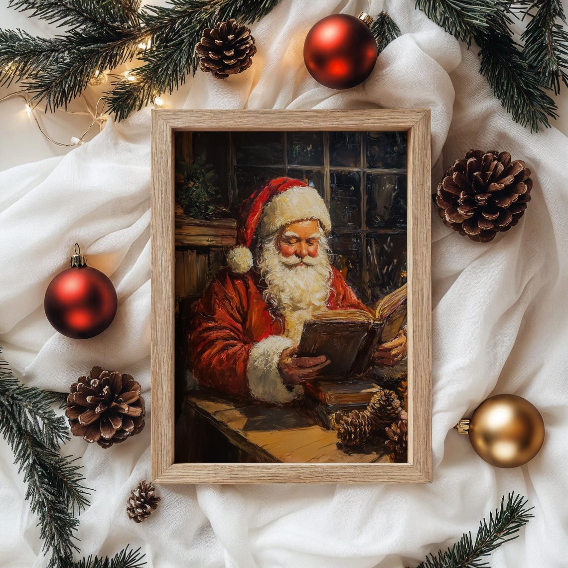 Santa Claus Reading a Book by Lamplight in a Cozy Cabin Poster - Image 4