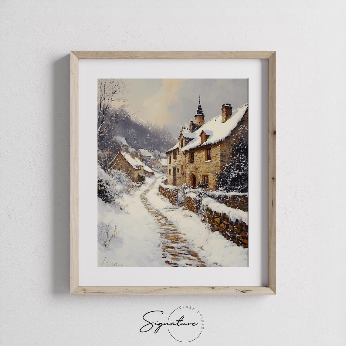 Snowy Cobblestone Path Through Old Village Winter Scene Poster - Image 2