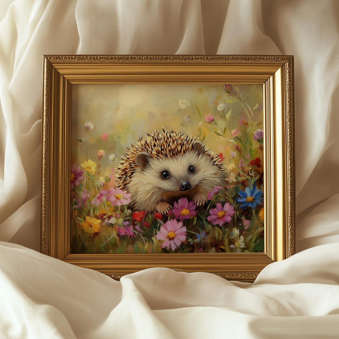 Cute Hedgehog In Wildflower Bed Spring Animal Painting Wall Art - Image 4