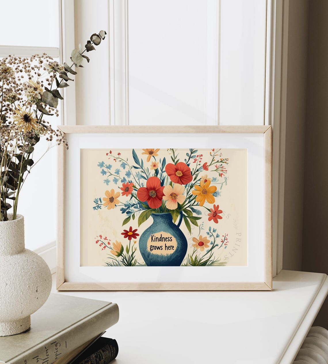 Kindness Grows Here Quote Floral Bouquet In Retro Blue Vase Poster - Image 6