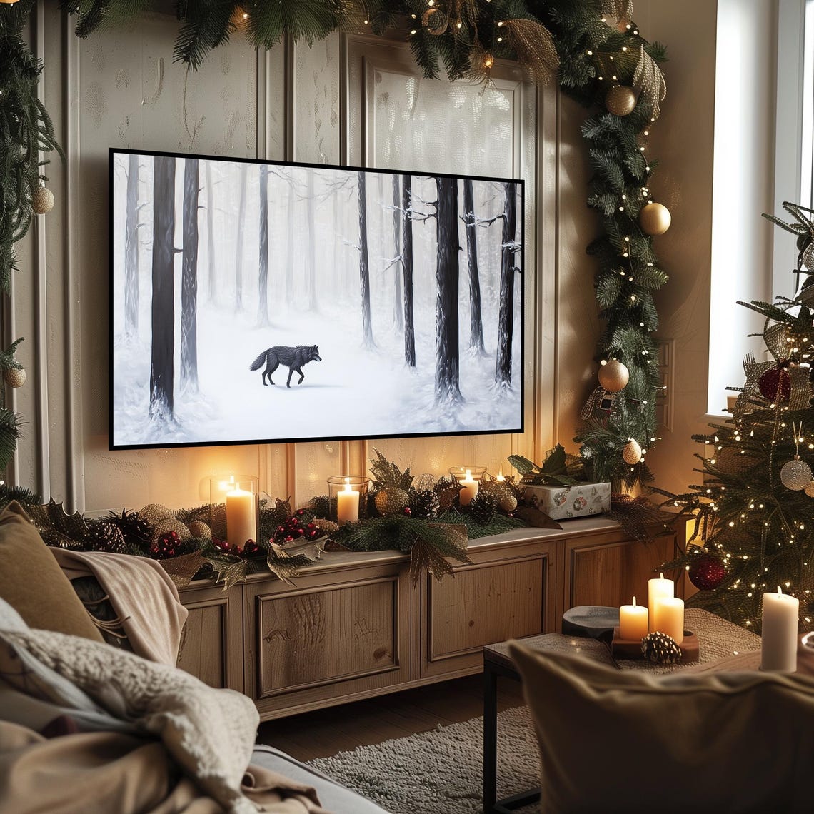 Black Wolf Walking Through Snowy Forest Misty Winter Scene Poster - Image 3