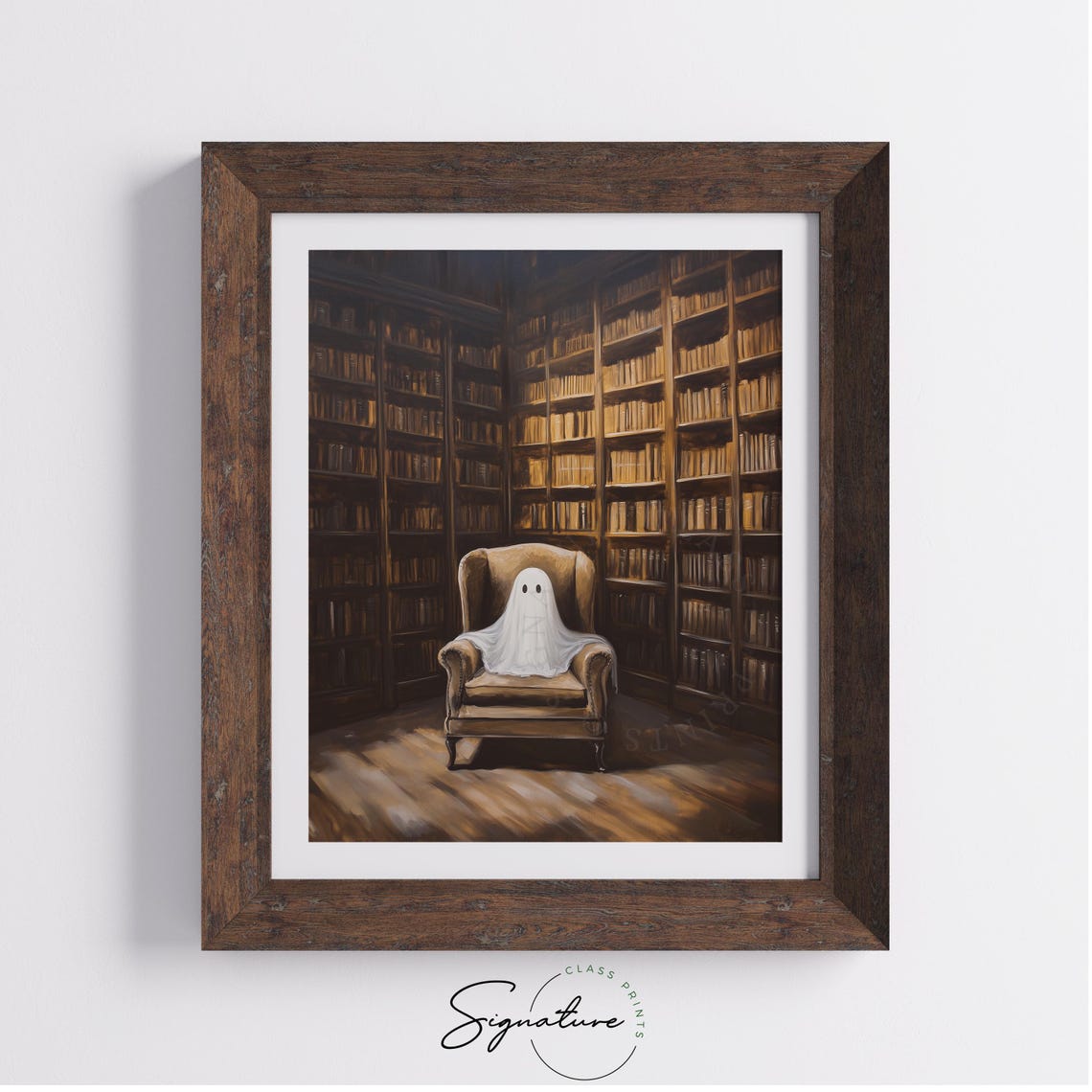 Cute Ghost Cozy Library Armchair Vintage Bookshelves Art Poster - Image 4