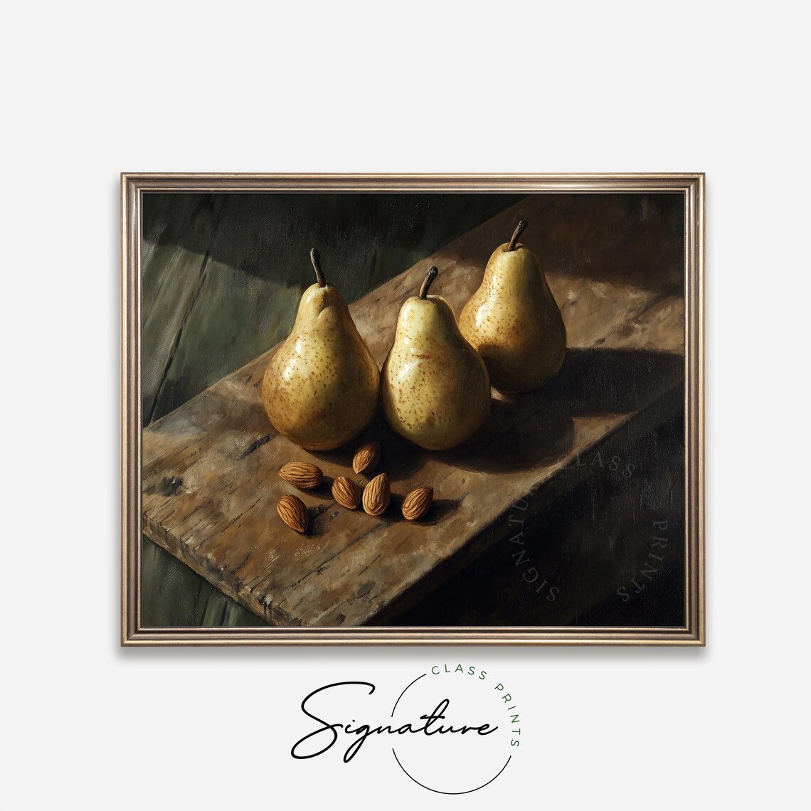 Still Life of Three Golden Pears with Almonds Oil Painting Print - Image 4