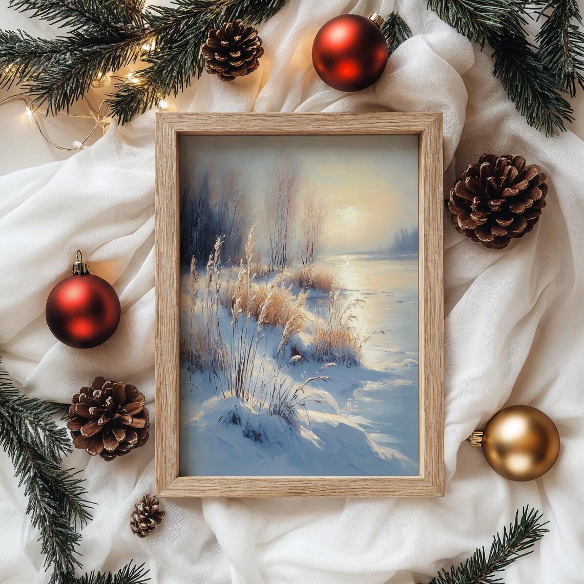 Serene Frosty Meadow Golden Reeds Sunrise Winter Landscape Poster - Image 4