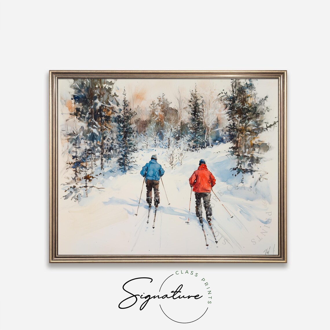 Two Cross Country Skiers In Snowy Forest Watercolor Winter Poster - Image 4