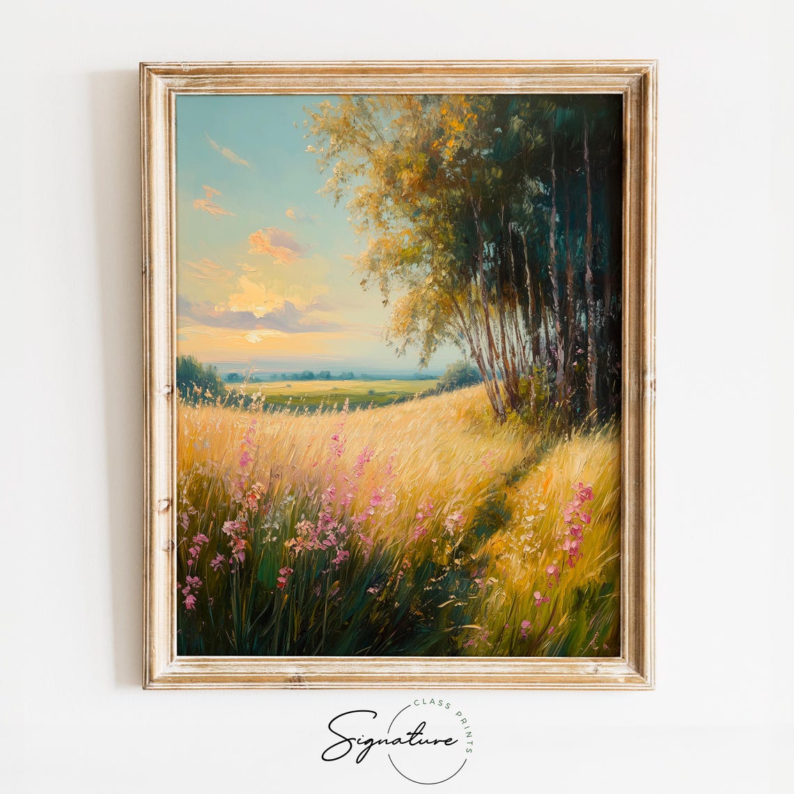Sunlit Rolling Meadow With Blooming Wildflowers Golden Hour Poster