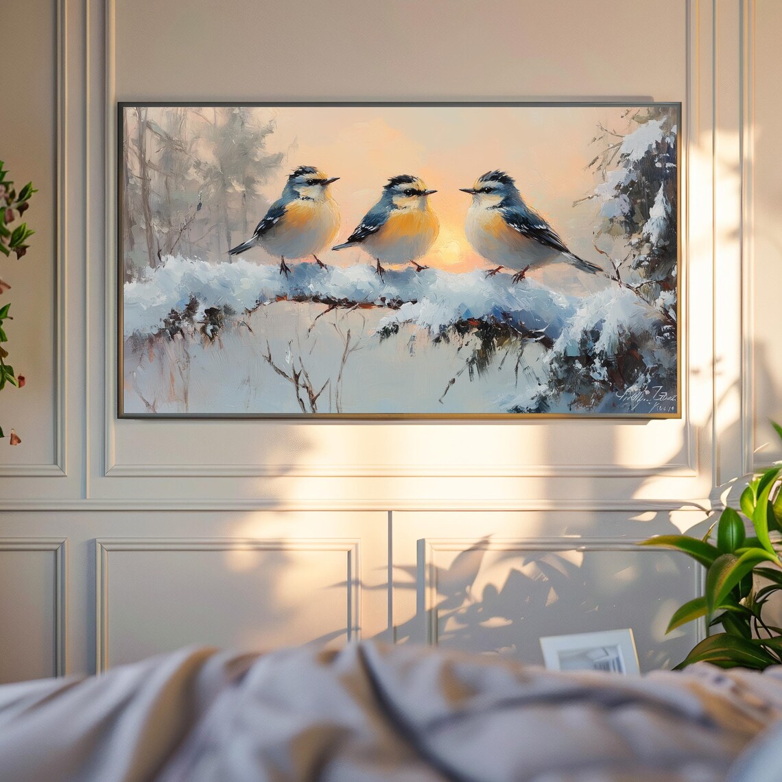 Goldcrest Trio Snowy Branch Winter Sunrise Golden Birds Soft Glow Poster - Image 4