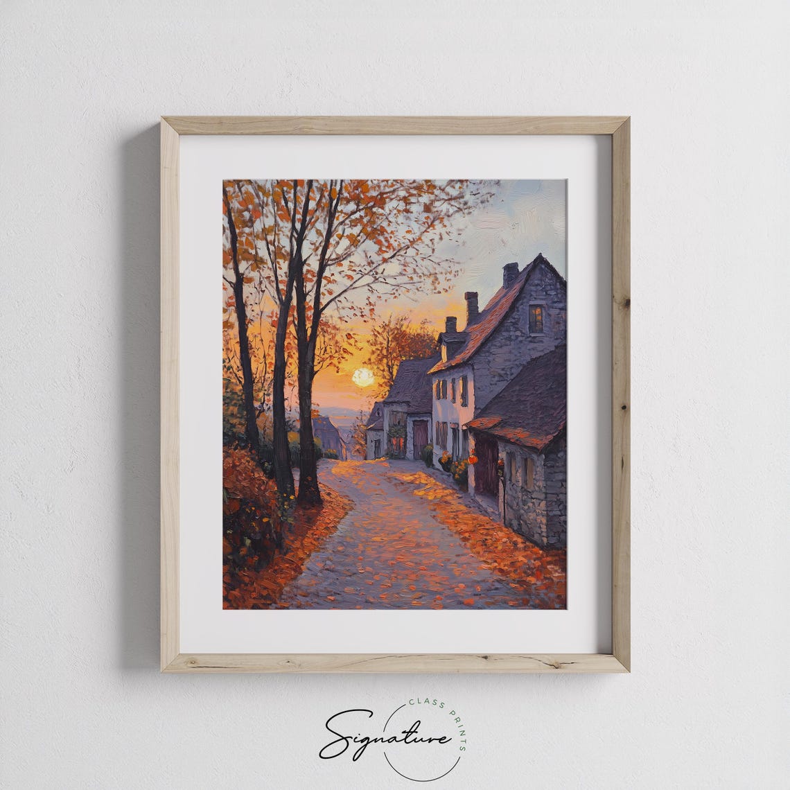 Old Stone Village Street Glowing at Sunset Beneath Autumn Trees Poster - Image 3