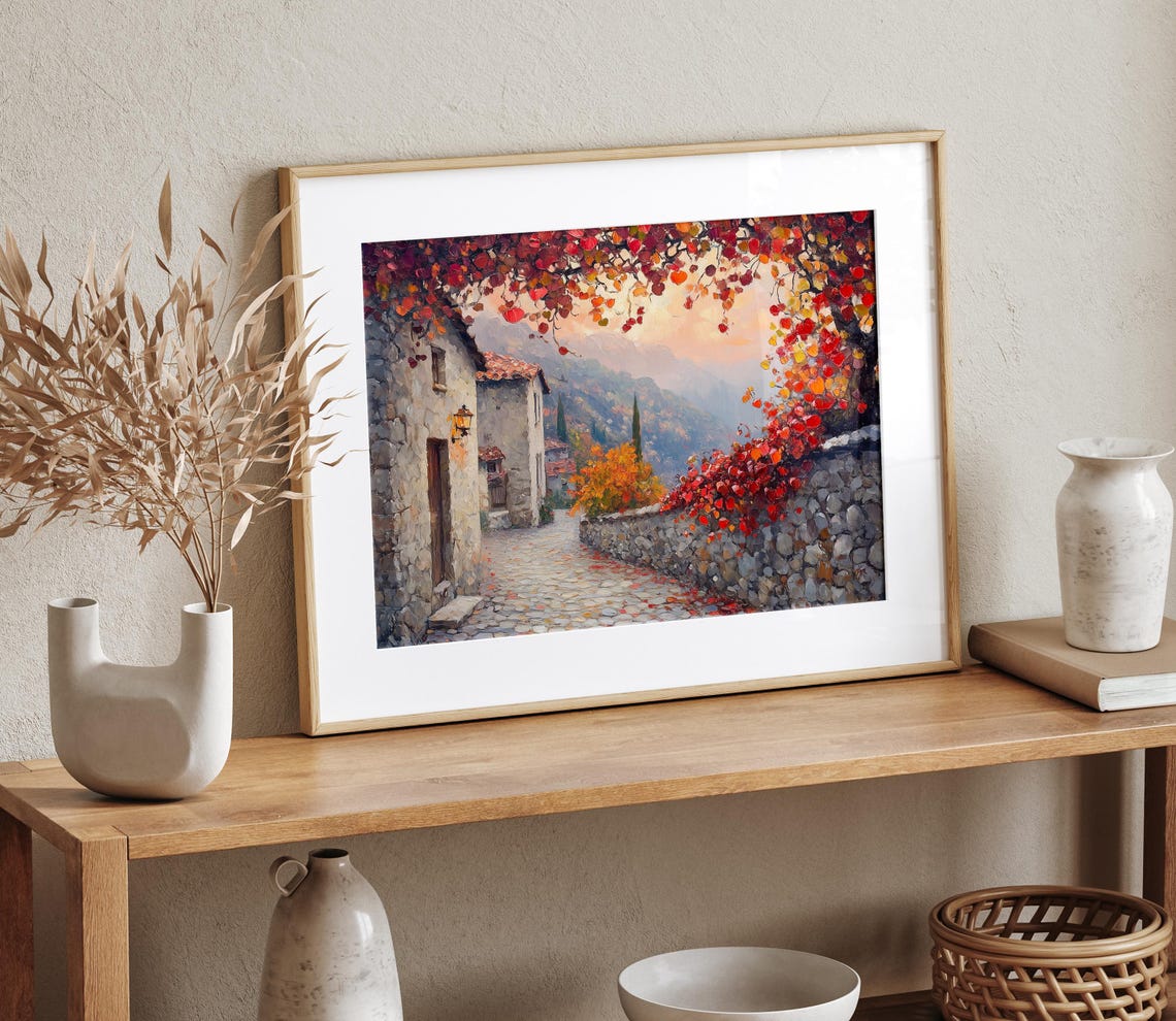 Cobblestone Village Lane Autumn Vines Stone Wall Rustic Fall Wall Art - Image 4