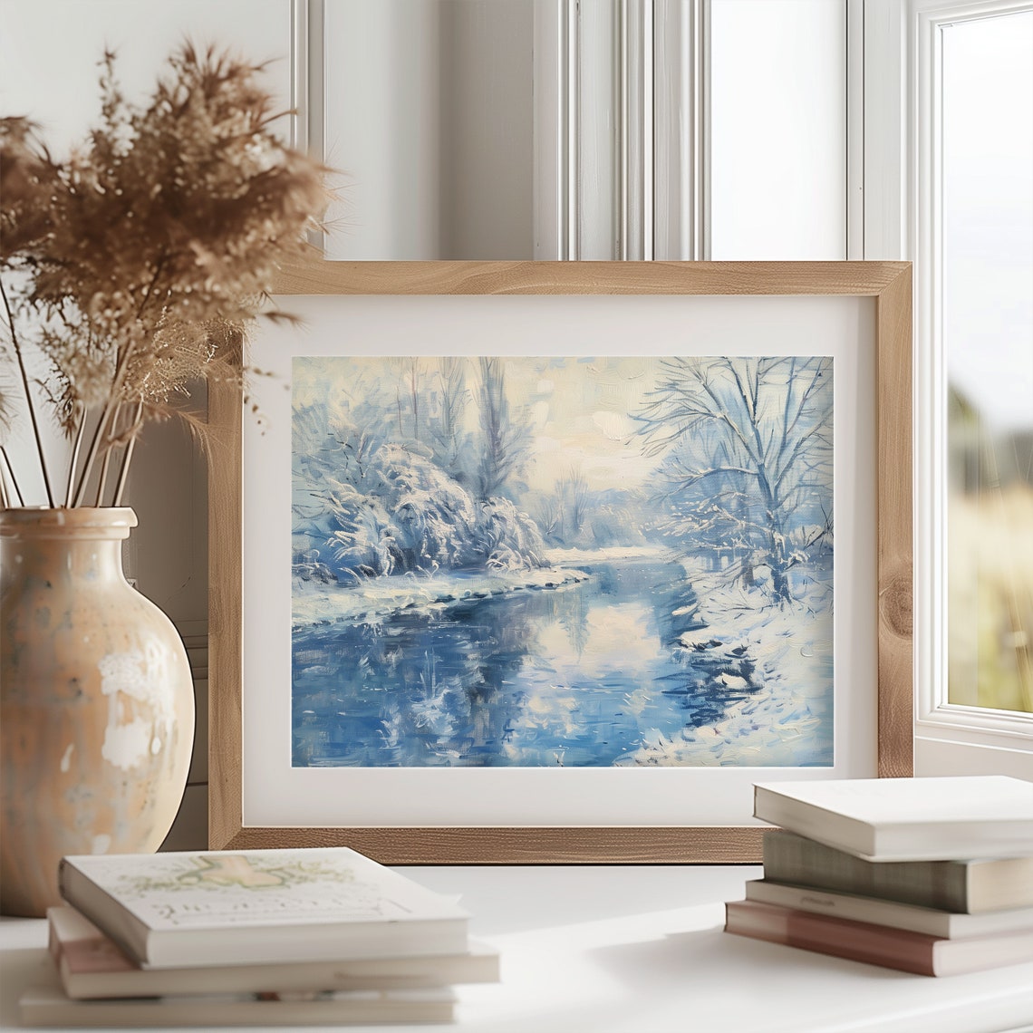 Tranquil Snowy River Scene Winter Landscape Blue Painting Poster - Image 2