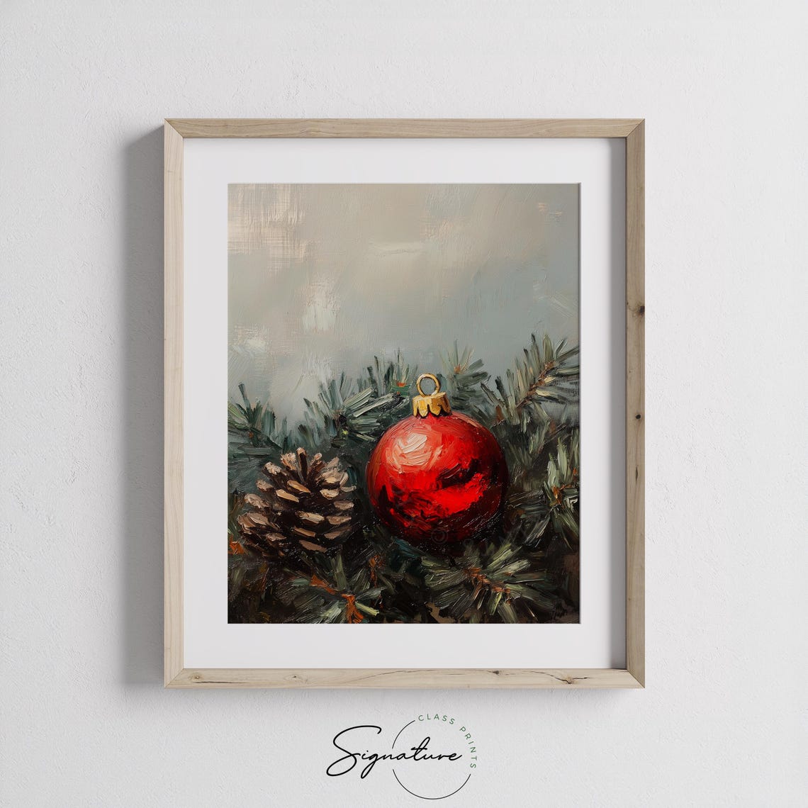 Red Christmas Ornament and Pinecone on Evergreen Branches Poster - Image 2