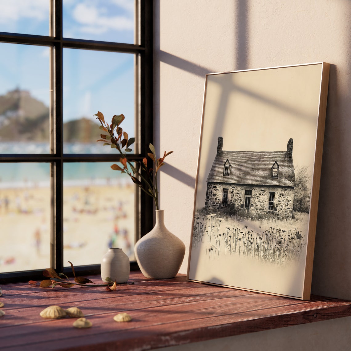 Old Stone Cottage In Wildflower Field Rustic Farmhouse Sketch Poster - Image 5