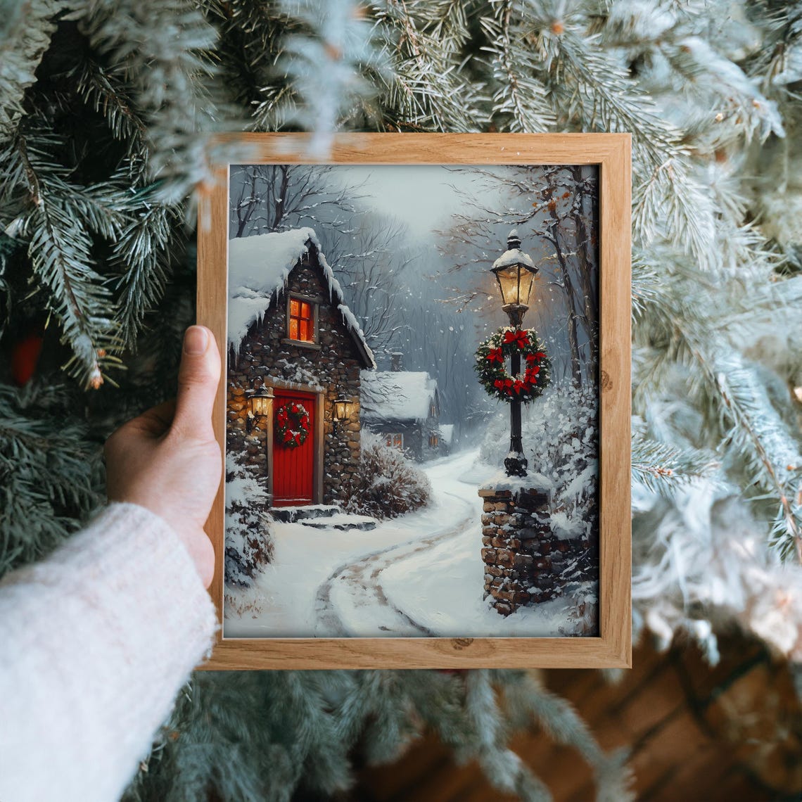 Christmas Cottage with Red Door Wreath and Lamppost Winter Poster - Image 6