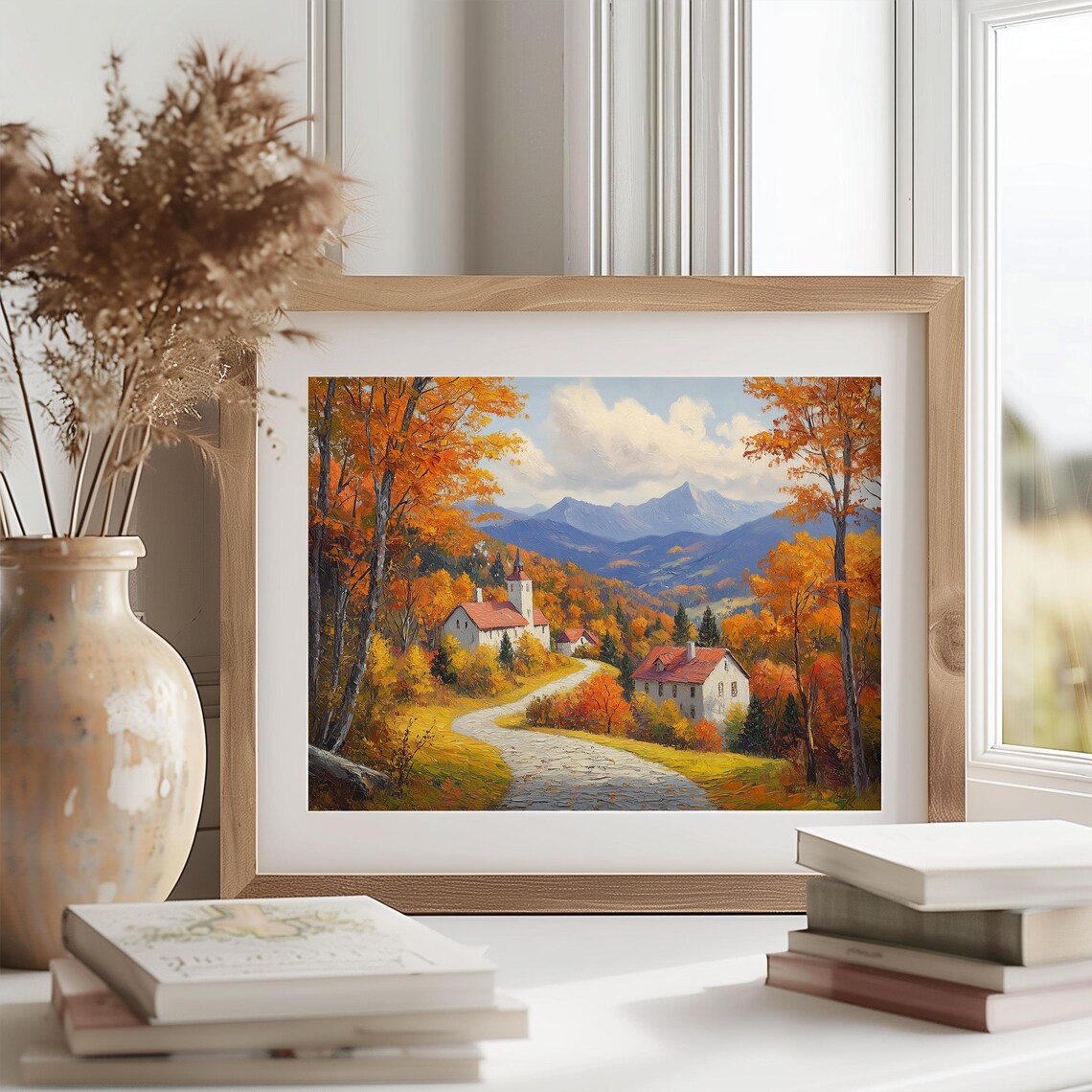 Autumn Village With Red Roofed Church on Winding Road to Mountains Wall Art - Image 2