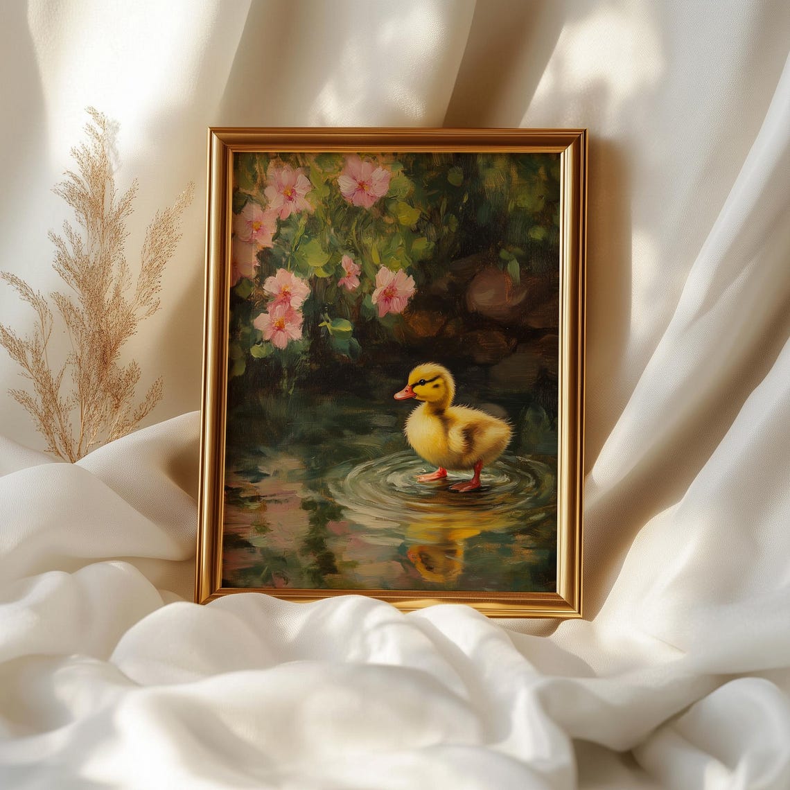 Cute Duckling In Pond With Pink Blossoms Spring Animal Painting Art - Image 2