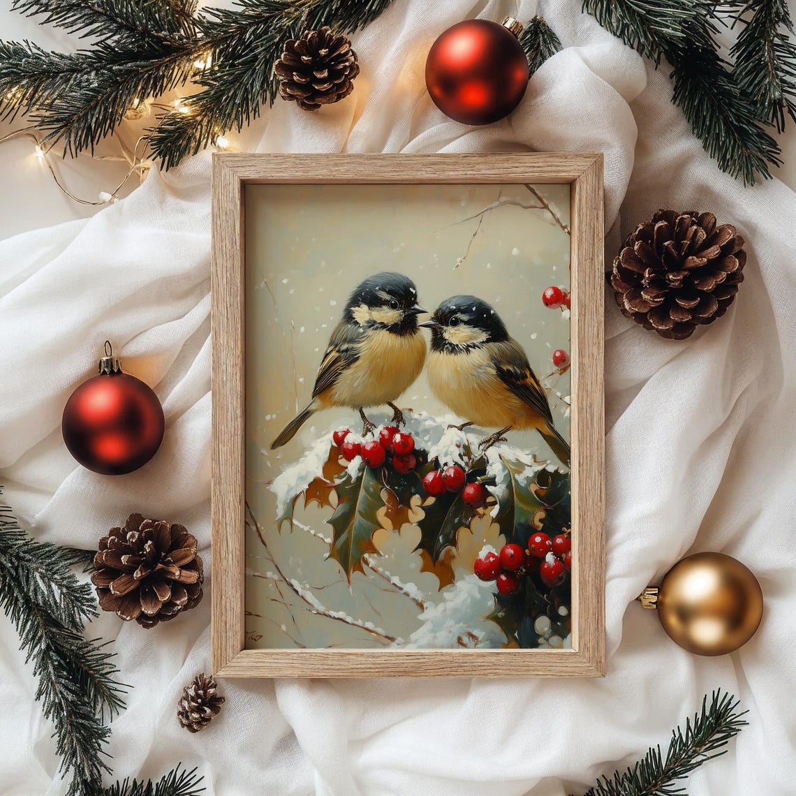 Two Chickadees With Holly And Berries On Snowy Branch Poster - Image 4