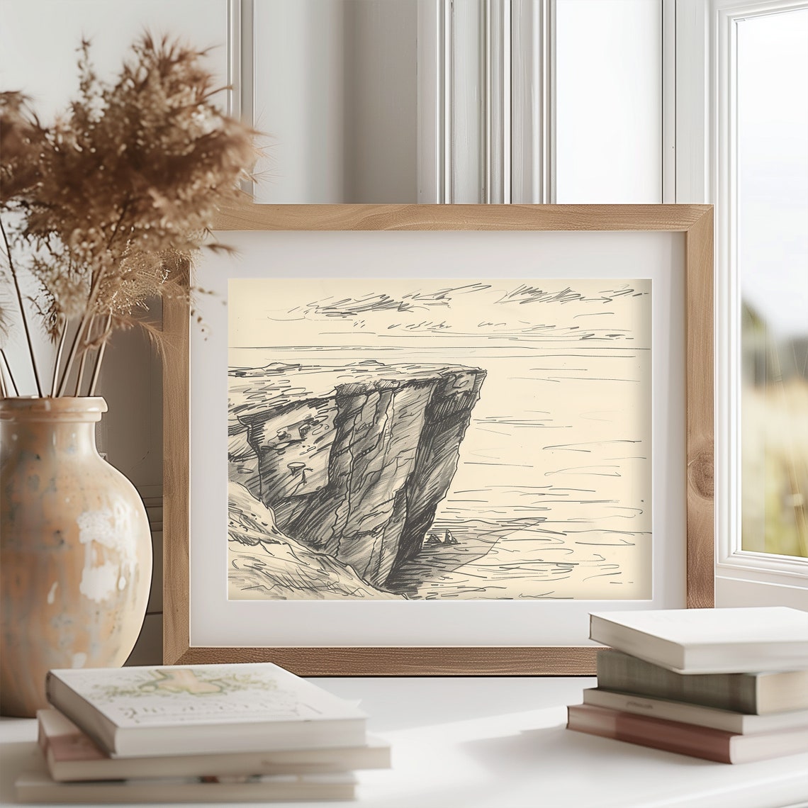 Sea Cliff Headland Pencil Sketch Dramatic Coastal Drawing Poster - Image 2