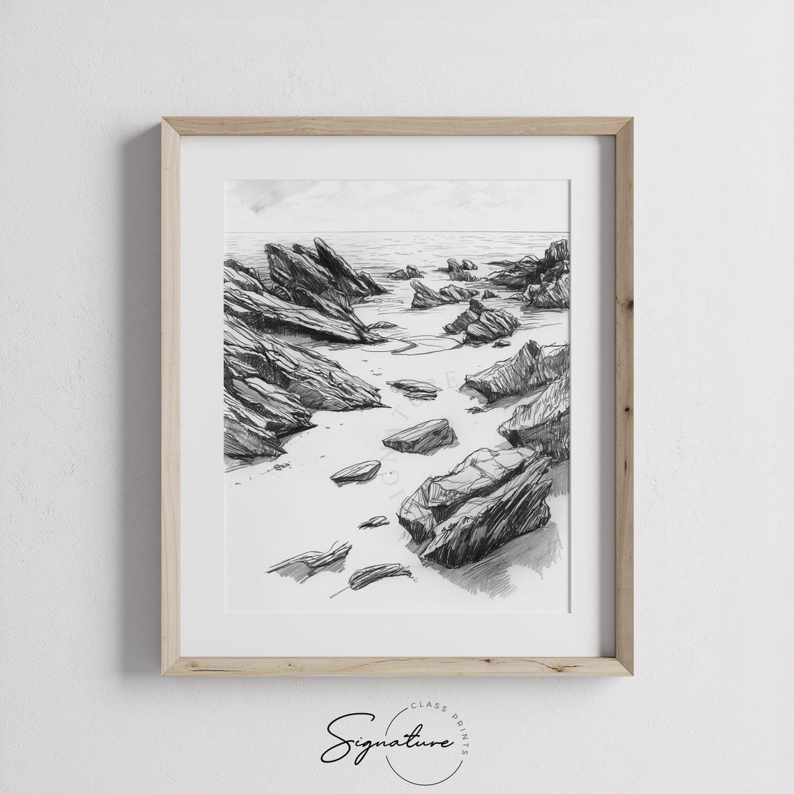Rocky Shoreline At Low Tide Monochrome Coastal Sketch Ocean Poster - Image 3