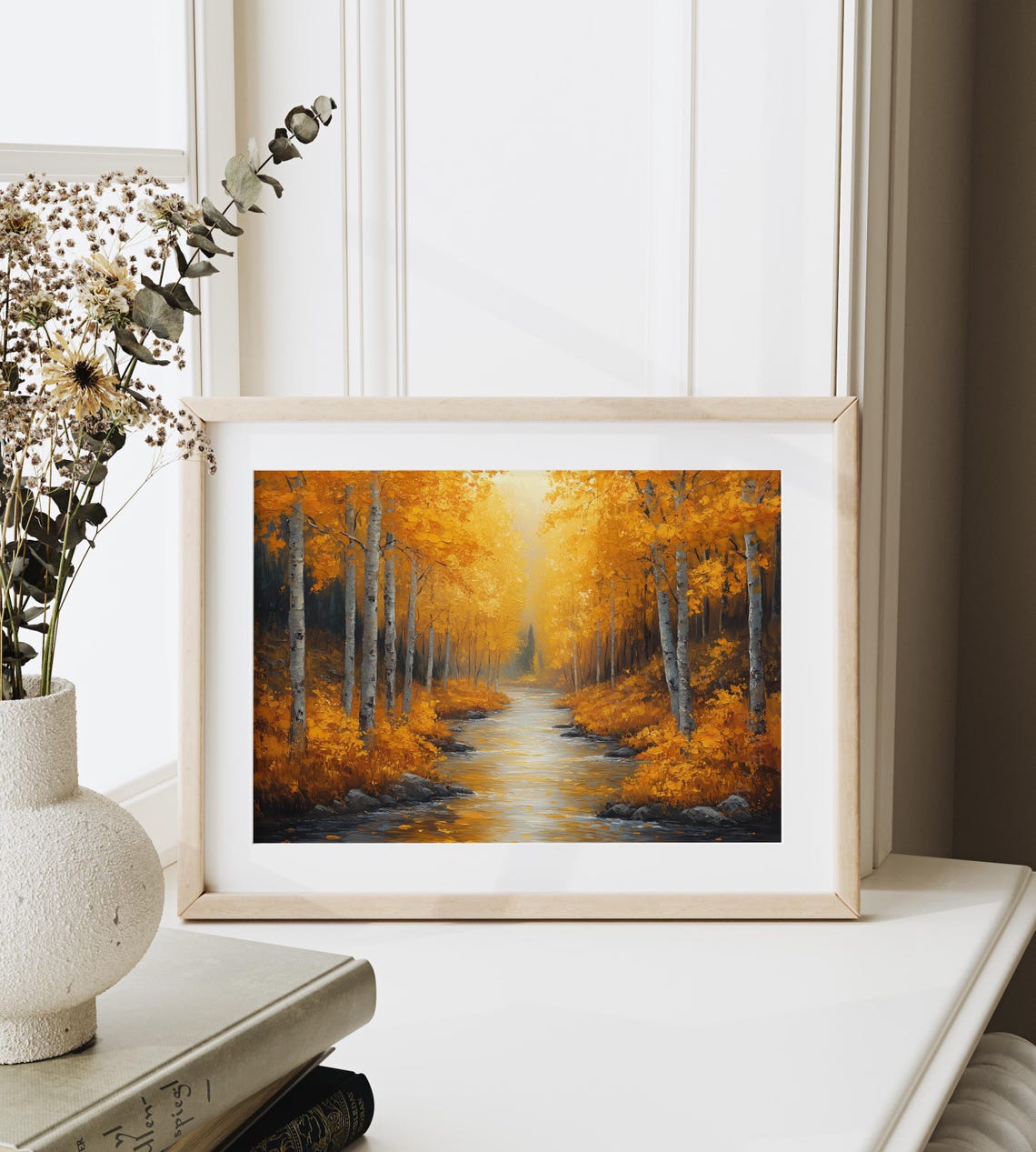 Autumn River Golden Birch Trees Glowing Fall Forest Landscape Wall Art - Image 6