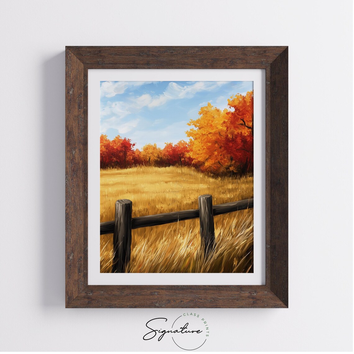 Weathered Fence Posts Overlooking Vast Golden Meadow in Autumn Wall Art - Image 4