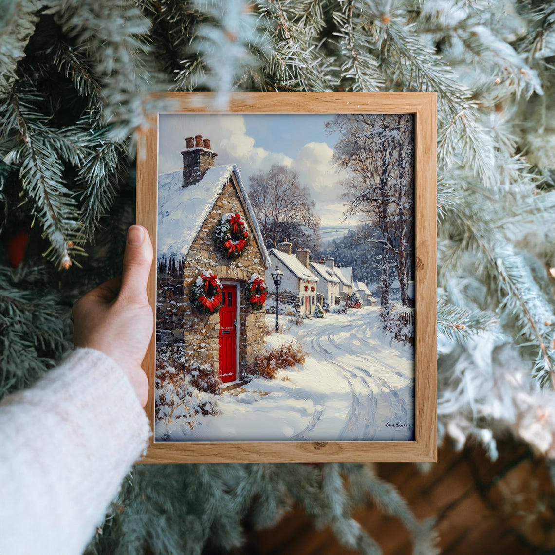 Stone Cottage with Red Door and Wreaths on Snowy Lane Poster - Image 6