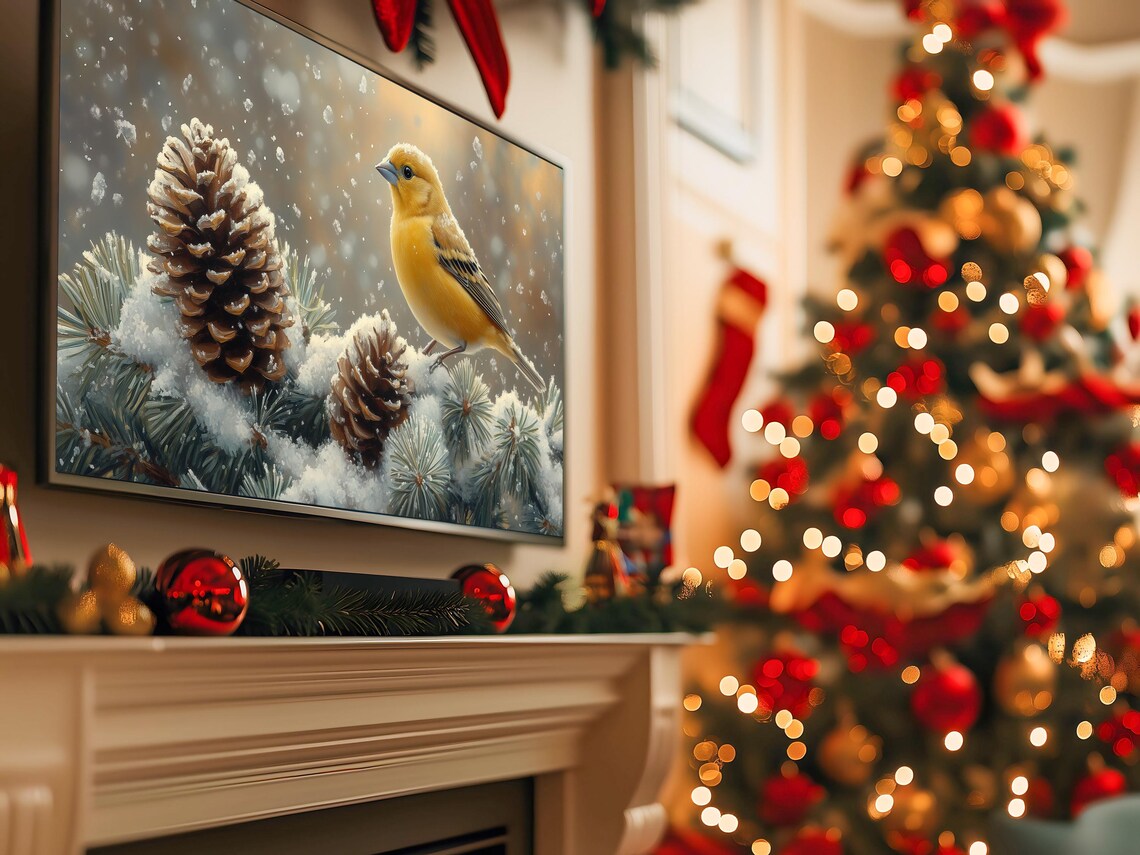 Golden Goldfinch Among Snow Covered Pinecones Winter Bird Art Poster - Image 5