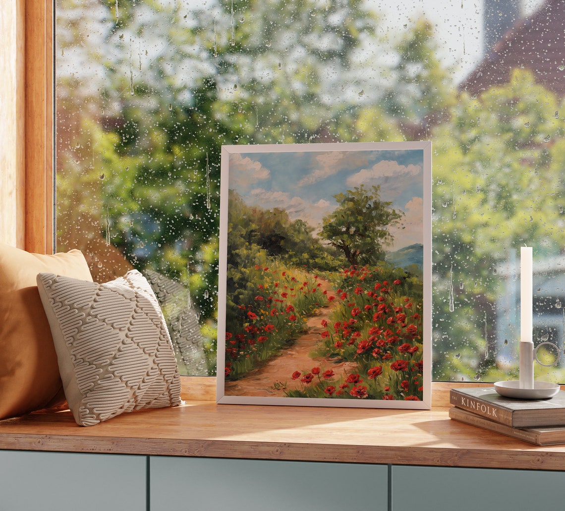 Winding Poppy Field Path Under Sunlit Sky Summer Wildflower Poster - Image 2