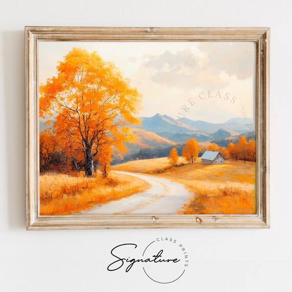 Golden Tree Country Road White Barn Oil Painting Autumn Poster
