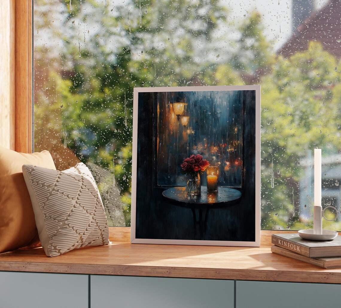 Rainy Valentines Day Cafe With Candlelight Romantic Moody Wall Art Cottagecore Painting Rustic Cafe Decor Art 3563 - Image 3