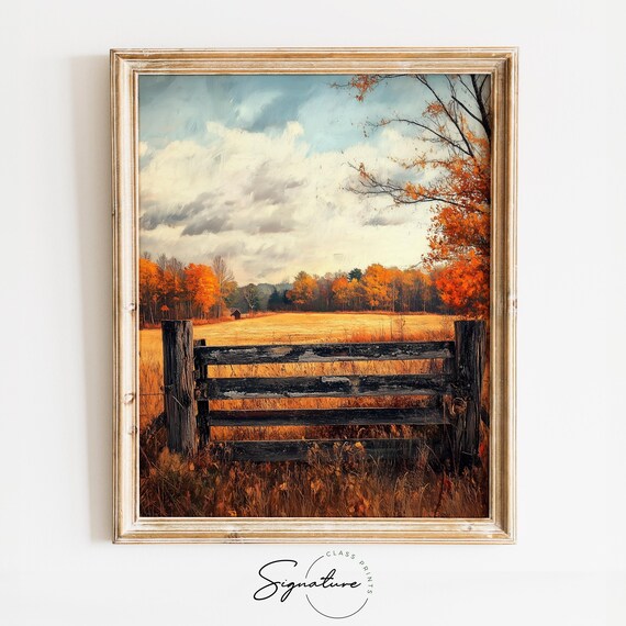 Weathered Wooden Gate Overlooking Golden Autumn Field Poster