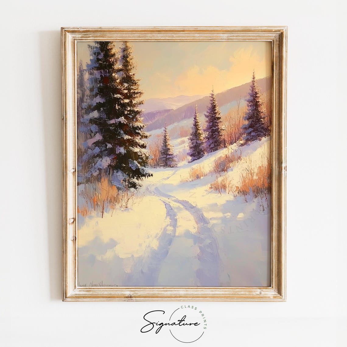 Golden Sunset Over Snowy Pine Hillside Winter Trail Scene Poster