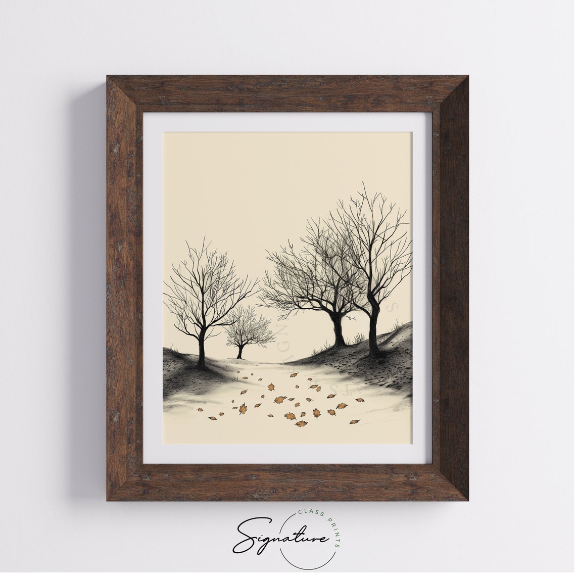 Autumn Orchard With Scattered Orange Leaves Monochrome Sketch Poster - Image 4