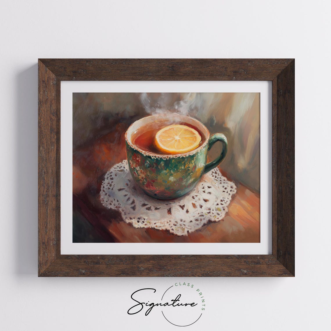 Steaming Tea With Lemon Slice In Green Cup On Lace Doily Cozy Wall Art - Image 5