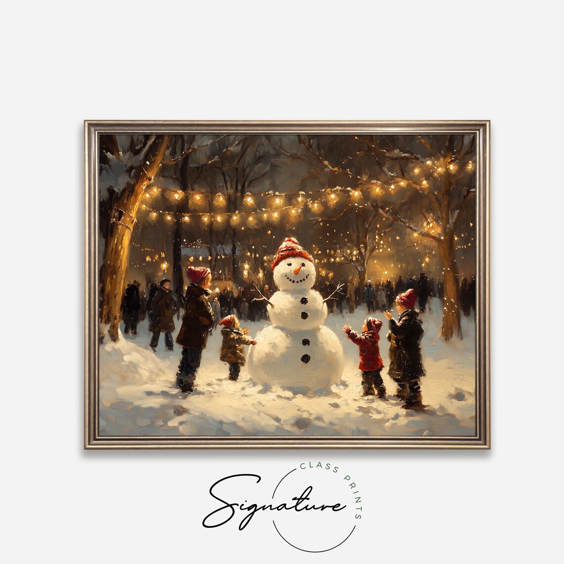 Children Building A Big Snowman Under Twinkling Winter Lights Poster - Image 4