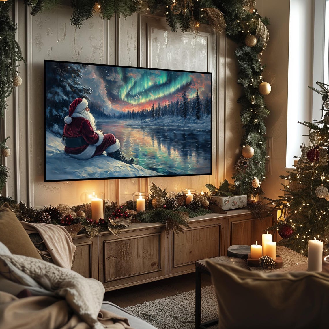 Santa Claus Watching Northern Lights Over Frozen Lake Christmas Poster - Image 3