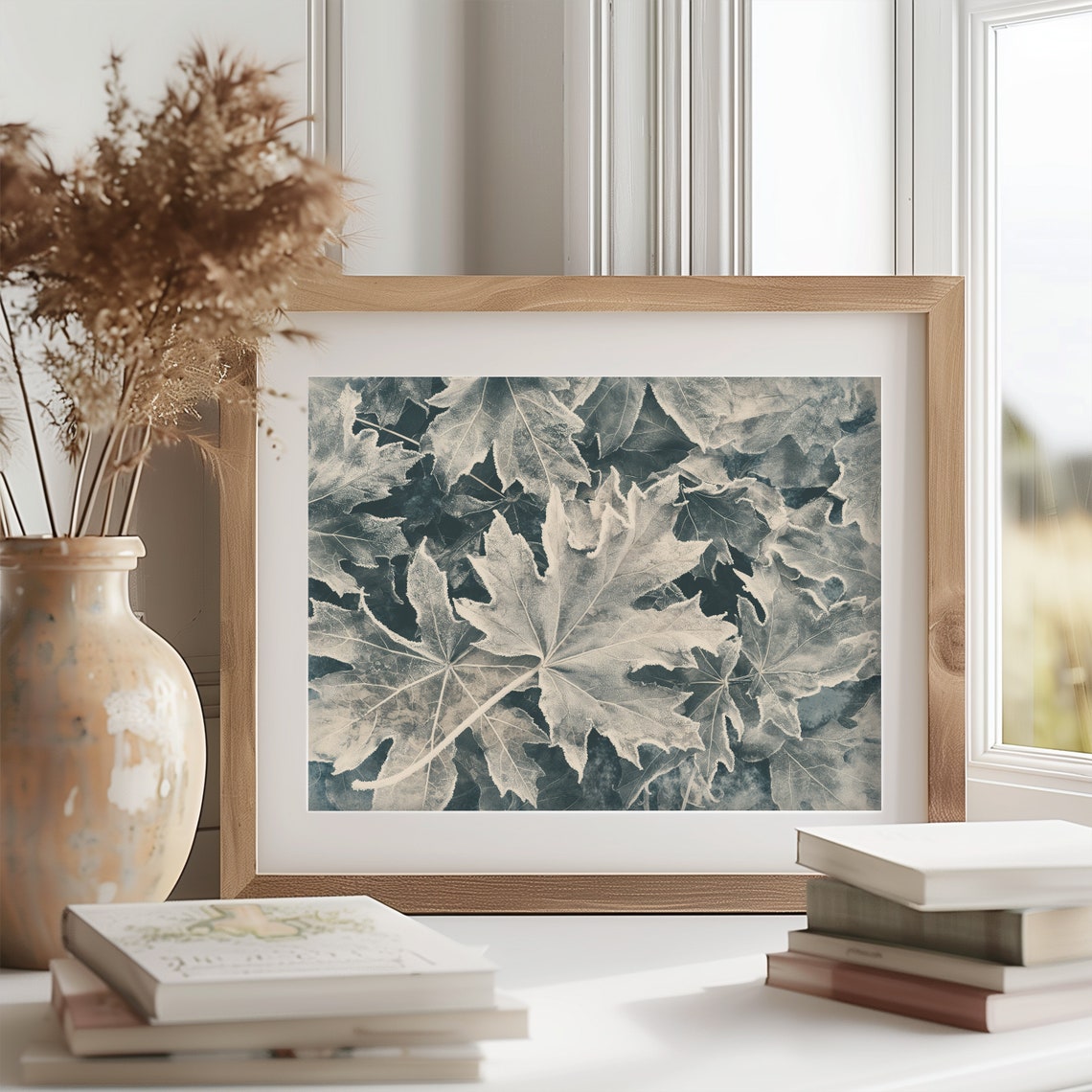 Frosted Maple Leaves in Cyan Blue Botanical Winter Scene Poster - Image 2