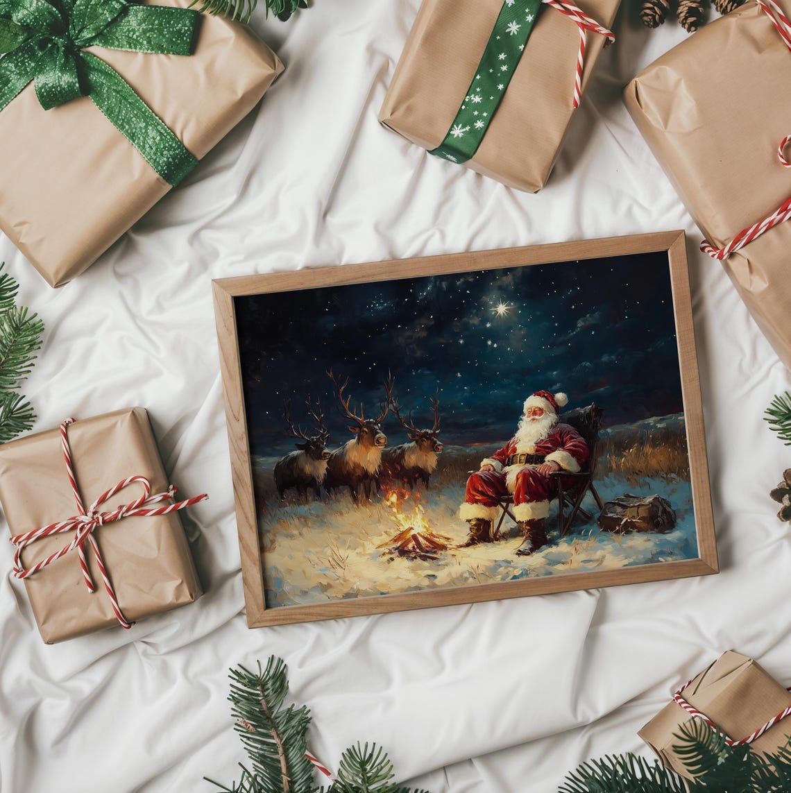 Santa Claus By Campfire With Reindeer Under A Starry Night Poster - Image 2