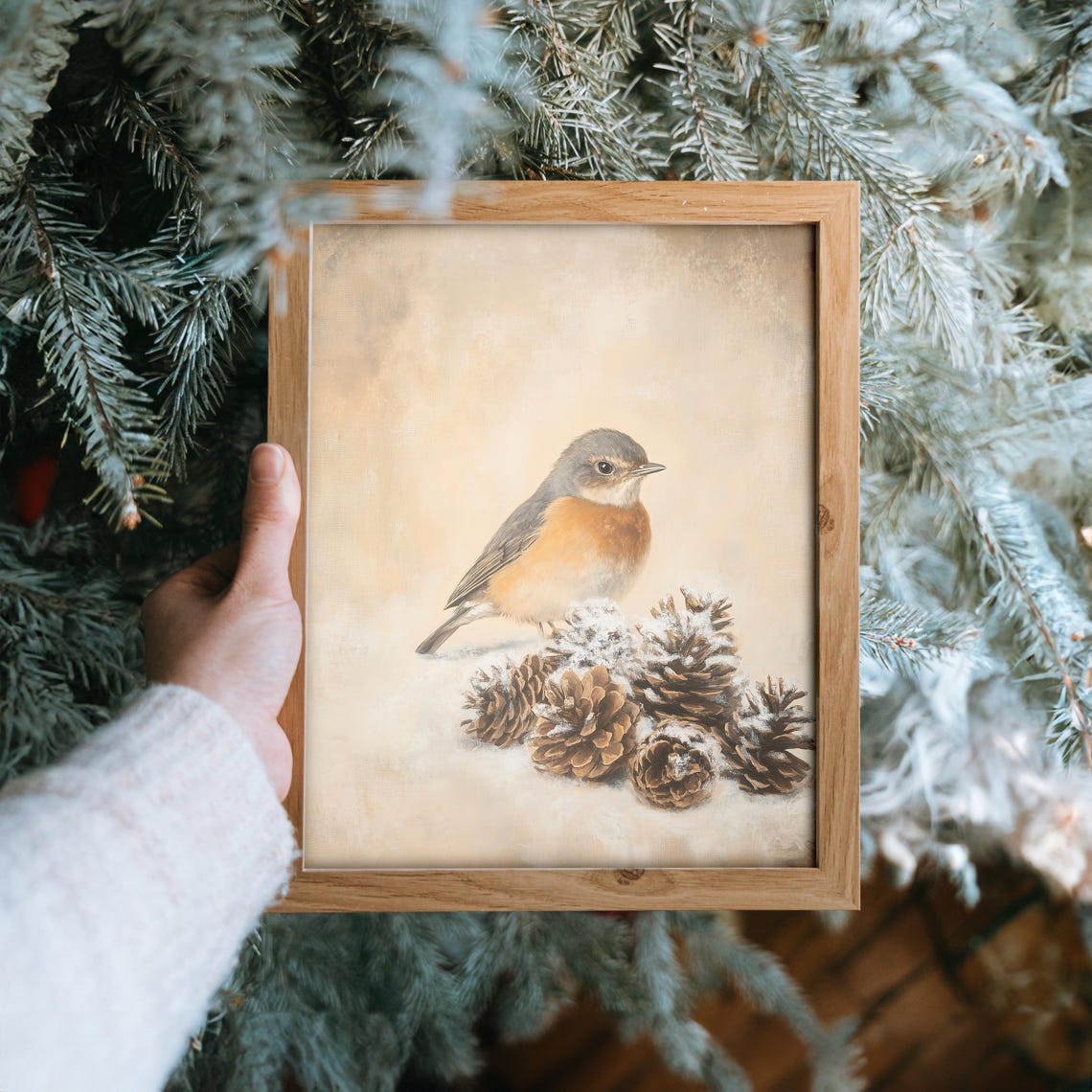 Robin Beside Snow Dust Pinecones Winter Bird Christmas Art Print - Image 6