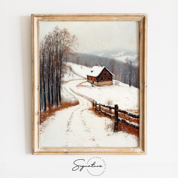 Snowy Log Cabin in Winter with Falling Snow Winding Path Poster