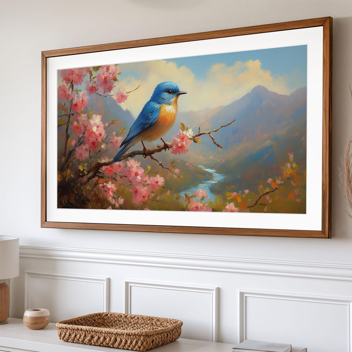 Bluebird On Cherry Blossom Branch Overlooking River Valley Poster - Image 2