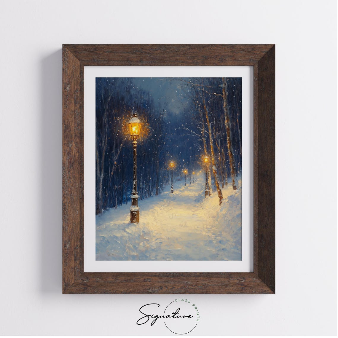 Snowy Night Park Path with Glowing Lampposts and Falling Snow Poster - Image 3