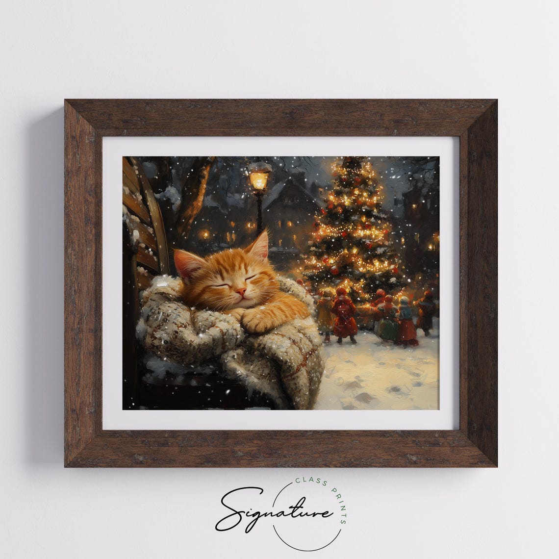 Sleeping Ginger Kitten on Snowy Blanket by Lit Christmas Tree Poster - Image 5