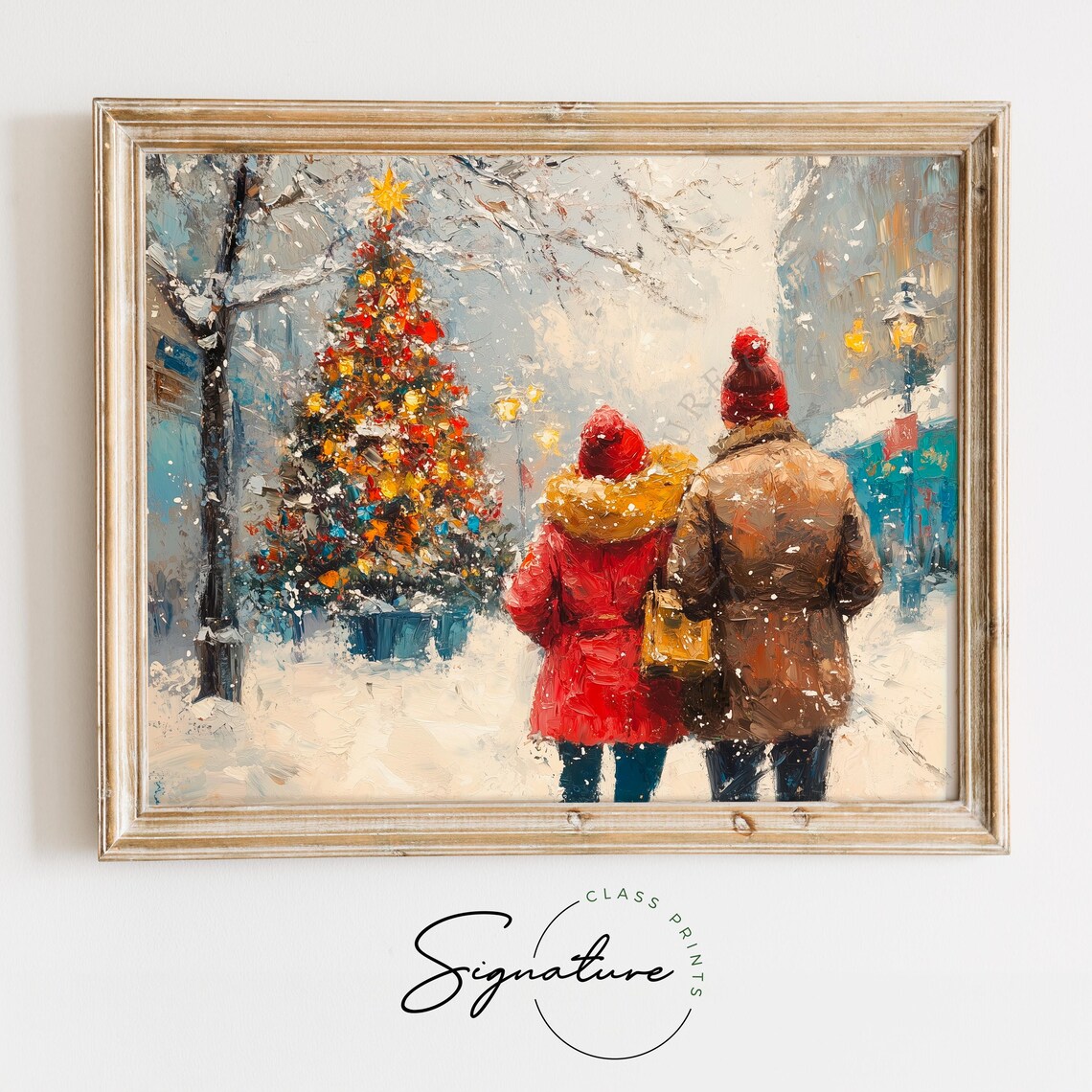 Couple Walking to Christmas Tree on Snowy City Street Poster