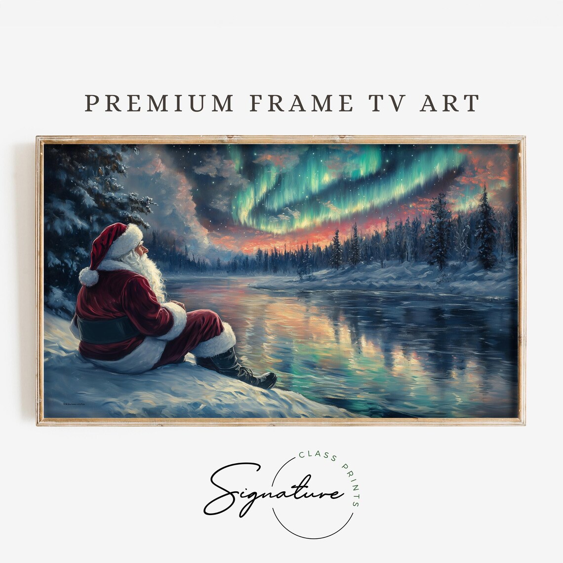 Santa Claus Watching Northern Lights Over Frozen Lake Christmas Poster